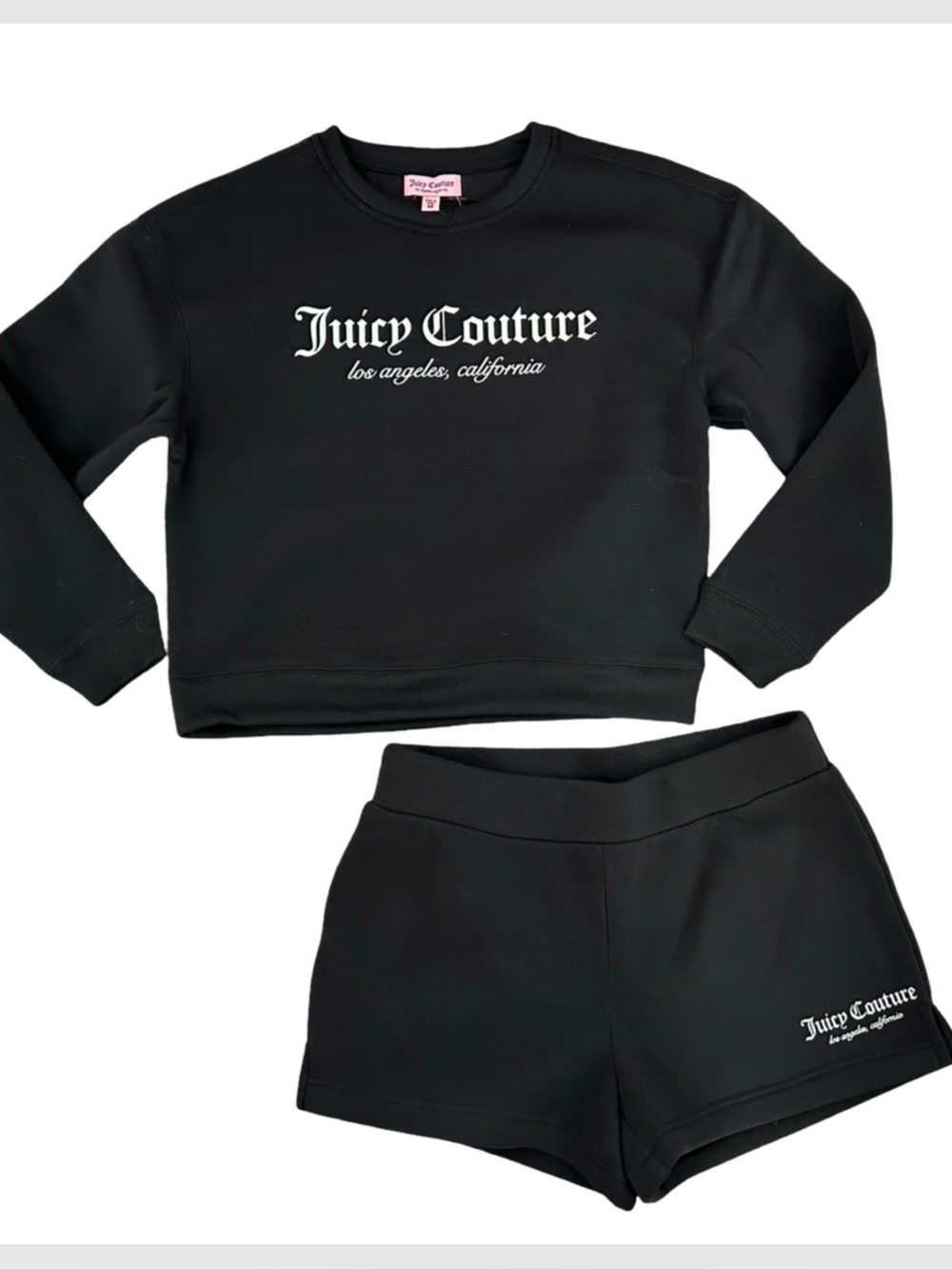 JUICY COUTURE GLITTER LOGO BLACK LIQUORICE FLEECE SHORTS & SWEATSHIRT SET NWT